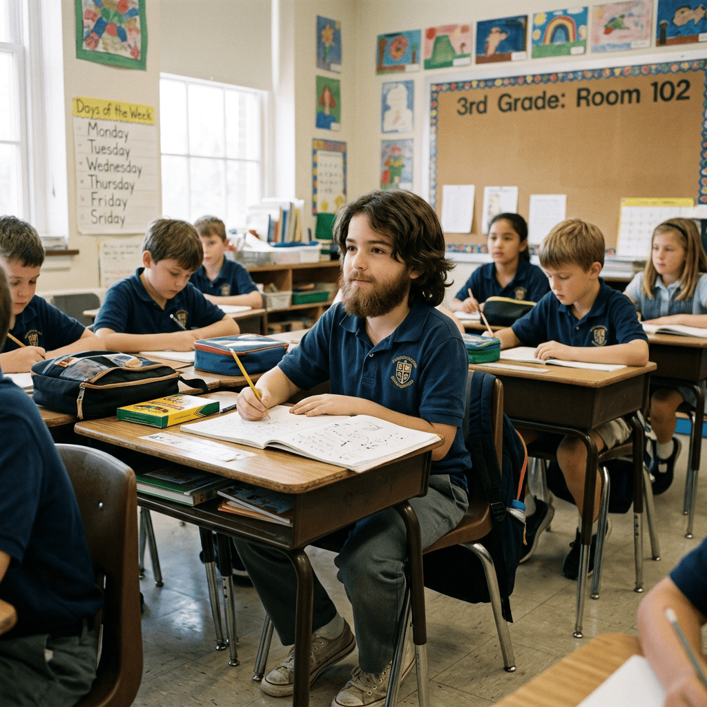 Students working at desks in a third-grade classroom labeled Room 102