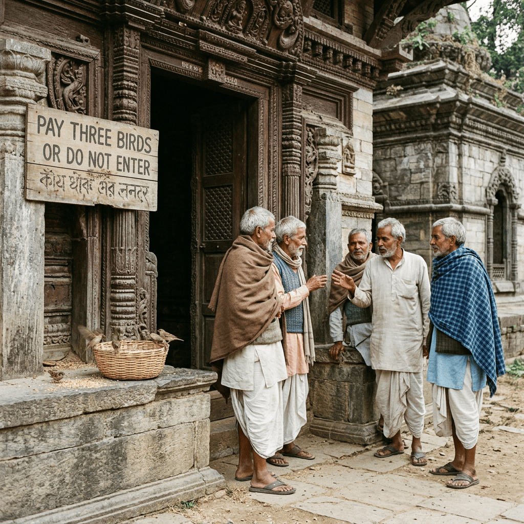 Men outside carved temple entrance with sign reading “PAY THREE BIRDS OR DO NOT ENTER.”