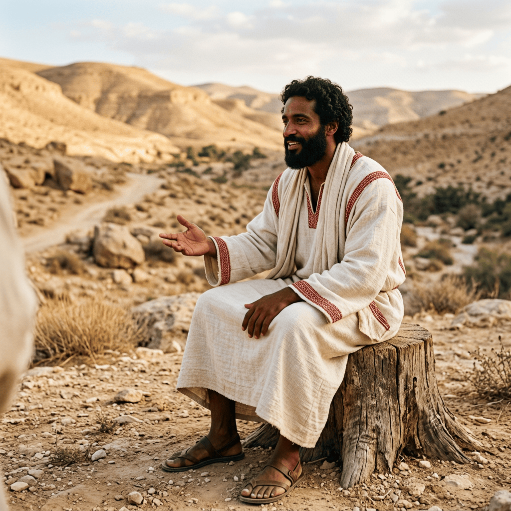 Bearded man in traditional clothing gesturing while seated in a desert landscape